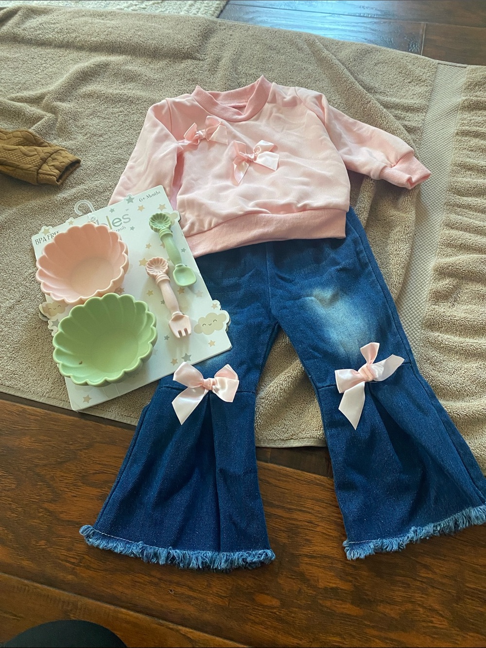 Girls Pink Bow Sweatshirt with Blue Denim Flare Jeans
